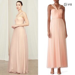AMSALE Pleated Blush Tulle Sleeveless Halter Strap Ruched Bodice Maxi Gown 0